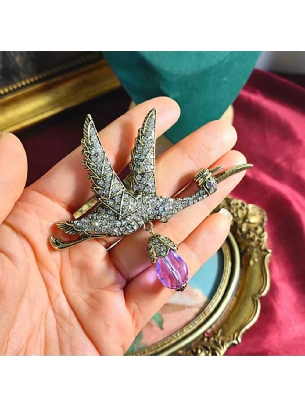 Antique Bird in Flight Brooch with Lavender Crystal Charm